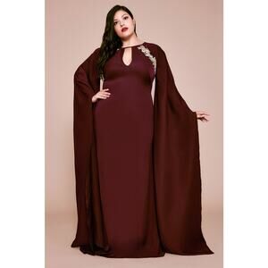 Tadashi Shoji Burgundy Nox Cape Sleeve Crepe Maxi Kaftan Gown Dress Size 16